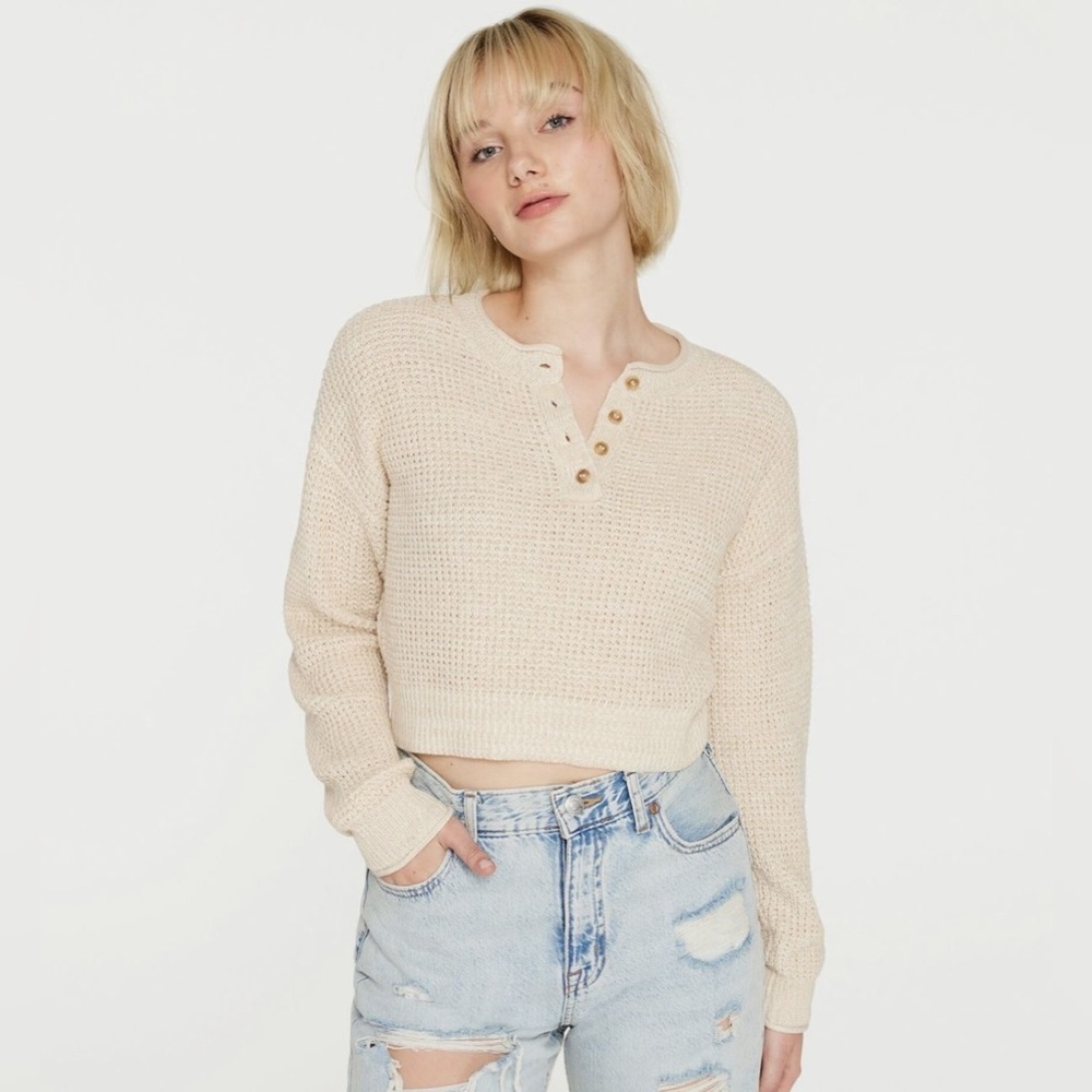 Aeropostale Light Brown Waffle-Knit Cropped Henley Sweater Women’s Size Medium
